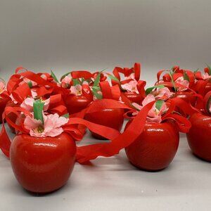 Mini Wood Red Apple Ornaments w/ Flower on Top, Set of 24